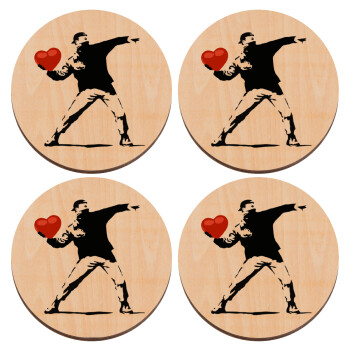 Banksy (The heart thrower), ΣΕΤ x4 Σουβέρ ξύλινα στρογγυλά plywood (9cm)