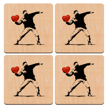 Banksy (The heart thrower), ΣΕΤ x4 Σουβέρ ξύλινα τετράγωνα plywood (9cm)