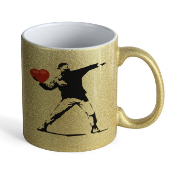 Banksy (The heart thrower), Κούπα Χρυσή Glitter που γυαλίζει, κεραμική, 330ml