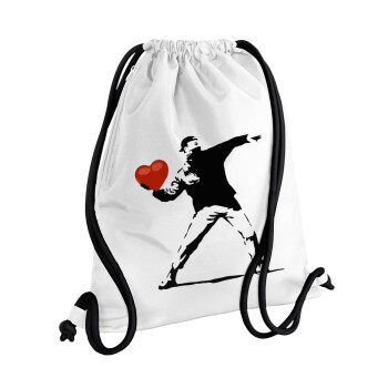 Banksy (The heart thrower), Τσάντα πλάτης πουγκί GYMBAG λευκή, με τσέπη (40x48cm) & χονδρά κορδόνια