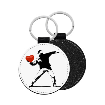 Banksy (The heart thrower), Μπρελόκ Δερματίνη, στρογγυλό ΜΑΥΡΟ (5cm)