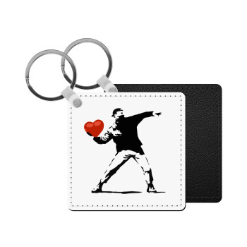 Banksy (The heart thrower), Μπρελόκ Δερματίνη, τετράγωνο ΜΑΥΡΟ (5x5cm)
