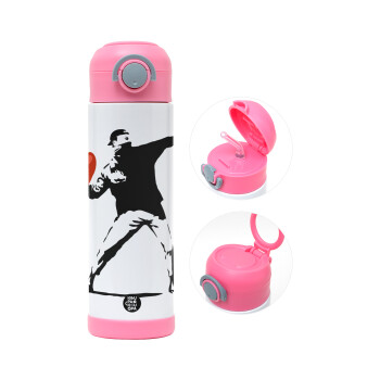 Banksy (The heart thrower), Children's hot water bottle, stainless steel, with safety straw, PINK (500ml)