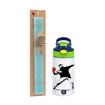 Banksy (The heart thrower), Πασχαλινό Σετ, Παιδικό παγούρι θερμό, ανοξείδωτο, με καλαμάκι ασφαλείας, πράσινο/μπλε (350ml) & πασχαλινή λαμπάδα αρωματική πλακέ (30cm) (ΤΙΡΚΟΥΑΖ)