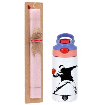 Banksy (The heart thrower), Πασχαλινό Σετ, Παιδικό παγούρι θερμό, ανοξείδωτο, με καλαμάκι ασφαλείας, ροζ/μωβ (350ml) & πασχαλινή λαμπάδα αρωματική πλακέ (30cm) (ΡΟΖ)