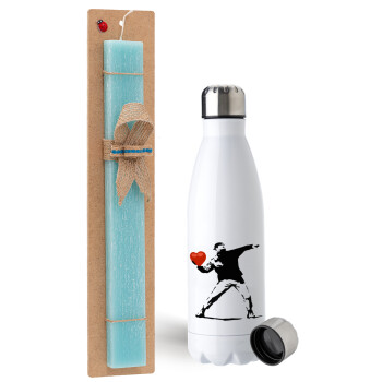 Banksy (The heart thrower), Easter Set, metallic stainless steel water bottle (750ml) & aromatic flat Easter candle (30cm) (TURQUOISE)