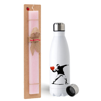 Banksy (The heart thrower), Easter Set, metallic stainless steel water bottle (750ml) & scented flat Easter candle (30cm) (PINK)