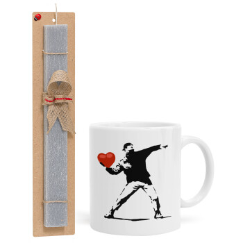 Banksy (The heart thrower), Easter Set, Ceramic Cup (330ml) & Easter aromatic flat candle (30cm) (GRAY)