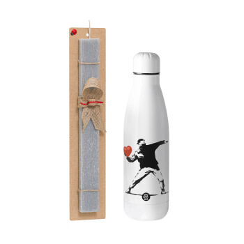 Banksy (The heart thrower), Easter Set, metallic stainless thermos bottle (500ml) & scented flat Easter candle (30cm) (GRAY)
