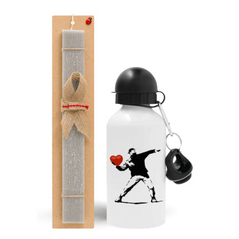 Banksy (The heart thrower), Πασχαλινό Σετ, παγούρι μεταλλικό  αλουμινίου (500ml) & πασχαλινή λαμπάδα αρωματική πλακέ (30cm) (ΓΚΡΙ)