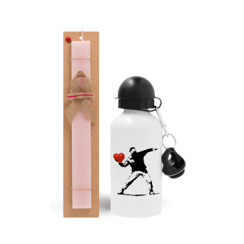 Banksy (The heart thrower), Πασχαλινό Σετ, παγούρι μεταλλικό αλουμινίου (500ml) & πασχαλινή λαμπάδα αρωματική πλακέ (30cm) (ΡΟΖ)