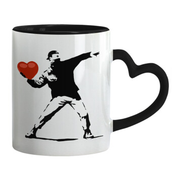 Banksy (The heart thrower), Κούπα καρδιά χερούλι μαύρη, κεραμική, 330ml