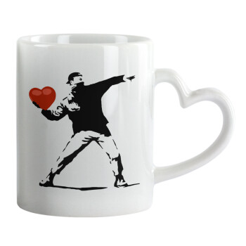 Banksy (The heart thrower), Κούπα καρδιά χερούλι λευκή, κεραμική, 330ml