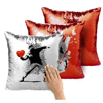 Banksy (The heart thrower), Μαξιλάρι καναπέ Μαγικό Κόκκινο με πούλιες 40x40cm περιέχεται το γέμισμα