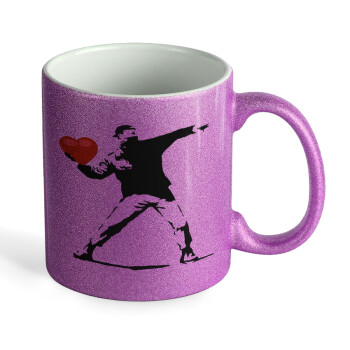 Banksy (The heart thrower), Κούπα Μωβ Glitter που γυαλίζει, κεραμική, 330ml