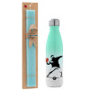 Easter Set, Metallic green/white thermos (Stainless steel), double-walled, 500ml & scented flat Easter candle (30cm) (TURQUOISE)