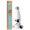 Easter Set, metallic stainless steel water bottle (750ml) & aromatic flat Easter candle (30cm) (TURQUOISE)