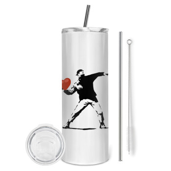 Banksy (The heart thrower), Tumbler ποτήρι θερμό από ανοξείδωτο ατσάλι 600ml, με μεταλλικό καλαμάκι & βούρτσα καθαρισμού