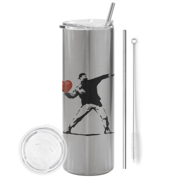 Banksy (The heart thrower), Eco friendly stainless steel Silver tumbler 600ml, with metal straw & cleaning brush