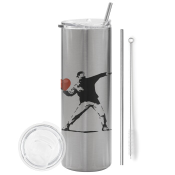 Banksy (The heart thrower), Tumbler stainless steel Silver 600ml, with metal straw & cleaning brush
