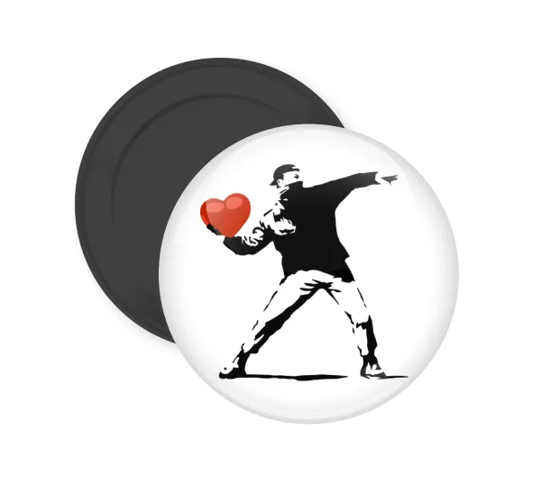Banksy (The heart thrower) — Round fridge magnet, 5cm