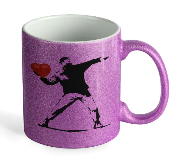 Banksy (The heart thrower) — Κούπα Μωβ Glitter που γυαλίζει, κεραμική, 330ml