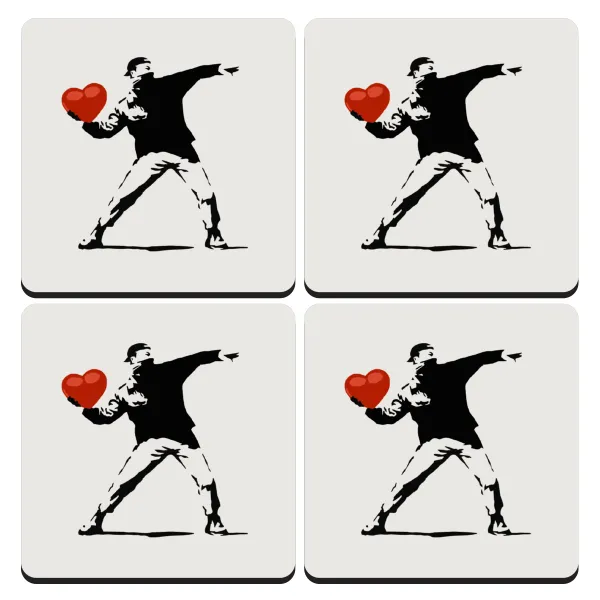 Banksy (The heart thrower) — Σουβέρ ξύλινα τετράγωνα (9cm)
