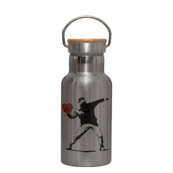 Banksy (The heart thrower), Μεταλλικό παγούρι θερμός (Stainless steel) Ασημένιο με ξύλινο καπακι (bamboo), διπλού τοιχώματος, 350ml
