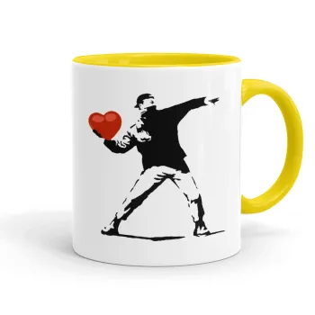Banksy (The heart thrower), Κούπα χρωματιστή κίτρινη, κεραμική, 330ml