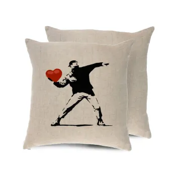 Banksy (The heart thrower), Μαξιλάρι καναπέ ΛΙΝΟ 40x40cm περιέχεται το  γέμισμα