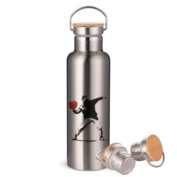 Banksy (The heart thrower), Μεταλλικό παγούρι θερμός (Stainless steel) Ασημένιο με ξύλινο καπακι (bamboo), διπλού τοιχώματος, 750ml