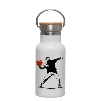 Banksy (The heart thrower), Μεταλλικό παγούρι θερμός (Stainless steel) Λευκό με ξύλινο καπακι (bamboo), διπλού τοιχώματος, 350ml