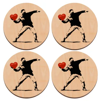 Banksy (The heart thrower), ΣΕΤ x4 Σουβέρ ξύλινα στρογγυλά plywood (9cm)