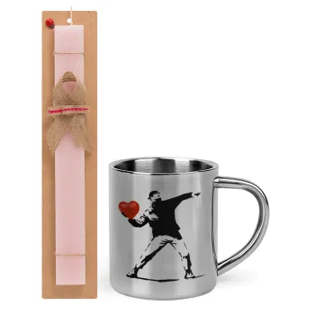 Banksy (The heart thrower), Πασχαλινή Λαμπάδα με μεταλλική κούπα θερμό (300ml) & κερί αρωματικό πλακέ (30cm) (ΡΟΖ)
