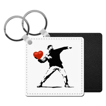 Banksy (The heart thrower), Μπρελόκ Δερματίνη, τετράγωνο ΜΑΥΡΟ (5x5cm)