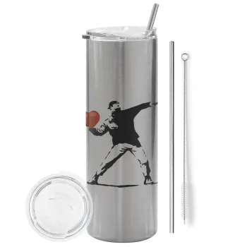 Banksy (The heart thrower), Tumbler ποτήρι θερμό Ασημένιο από ανοξείδωτο ατσάλι 600ml, με μεταλλικό καλαμάκι & βούρτσα καθαρισμού