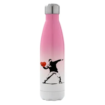 Banksy (The heart thrower), Μεταλλικό παγούρι θερμός Ροζ/Λευκό (Stainless steel), διπλού τοιχώματος, 500ml