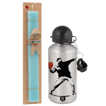 Banksy (The heart thrower), Πασχαλινή Λαμπάδα με παγούρι μεταλλικό Ασημένιο αλουμινίου (500ml) & κερί αρωματικό πλακέ (30cm) (ΤΙΡΚΟΥΑΖ)