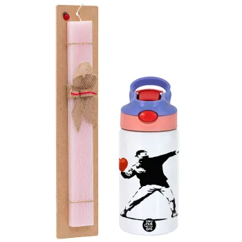 Banksy (The heart thrower), Easter Set, Children's thermal stainless steel water bottle with safety straw, pink/purple (350ml) & Easter scented flat candle (30cm) (PINK)