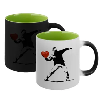 Banksy (The heart thrower), Κούπα Μαγική εσωτερικό πράσινο, κεραμική 330ml που αλλάζει χρώμα με το ζεστό ρόφημα