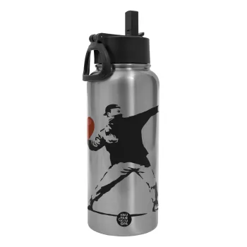 Banksy (The heart thrower), Μεταλλικό παγούρι θερμός Silver με καλαμάκι και χερούλι (Stainless steel), διπλού τοιχώματος, 950ml