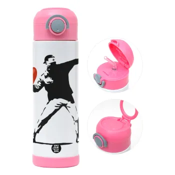 Banksy (The heart thrower), Παιδικό παγούρι θερμό, ανοξείδωτο, με καλαμάκι ασφαλείας, ΡΟΖ (500ml)