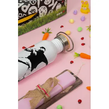 Banksy (The heart thrower), Easter Set, SS Metallic water bottle (620ml, stainless steel) & scented flat Easter candle (30cm) (PINK)