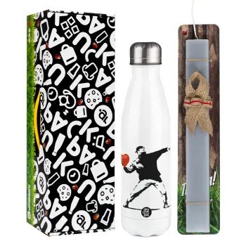 Banksy (The heart thrower), Easter candle, metallic white thermos bottle (500ml) & aromatic flat candle (30cm) (GRAY)
