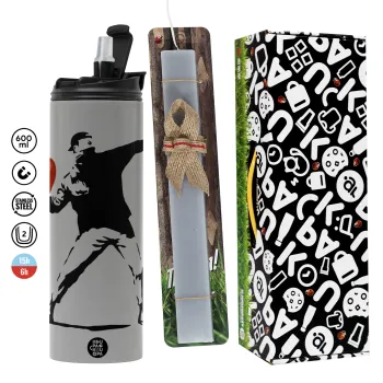 Banksy (The heart thrower), Πασχαλινή Λαμπάδα με Travel Tumbler θερμό (600ml, BPA free) & κερί αρωματικό πλακέ (30cm) (ΓΚΡΙ)