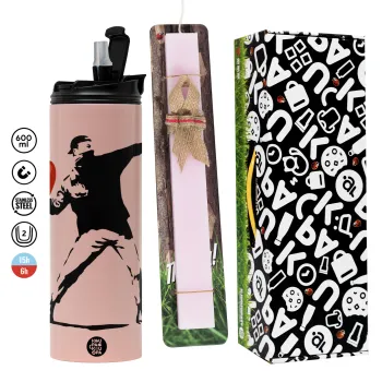 Banksy (The heart thrower), Πασχαλινή Λαμπάδα με  ΡΟΖ Travel Tumbler θερμό (600ml, BPA free) & κερί αρωματικό πλακέ (30cm) (ΡΟΖ)