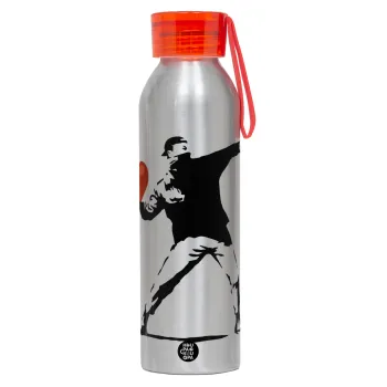 Banksy (The heart thrower), Αλουμινένιο Αθλητικό Μπουκάλι 650ml – Ασημί με Κόκκινο Καπάκι και Λουράκι Σιλικόνης