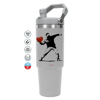 Banksy (The heart thrower), ΓΚΡΙ χρώματος Θερμός Ανοξείδωτο 890ml (30oz) με χερούλι