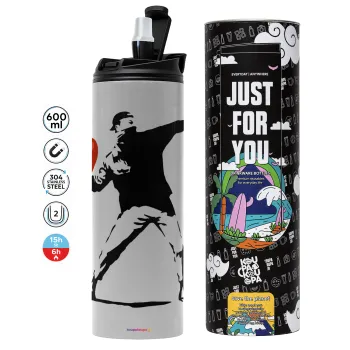 Banksy (The heart thrower), Tumbler ποτήρι θερμό ΓΚΡΙ από ανοξείδωτο ατσάλι 600ml