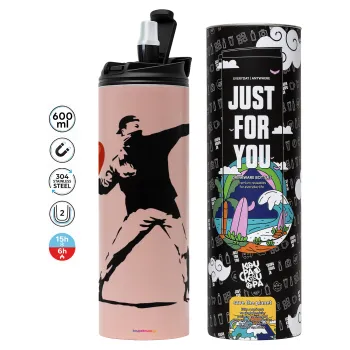 Banksy (The heart thrower), Tumbler ποτήρι θερμό ΡΟΖ από ανοξείδωτο ατσάλι 600ml